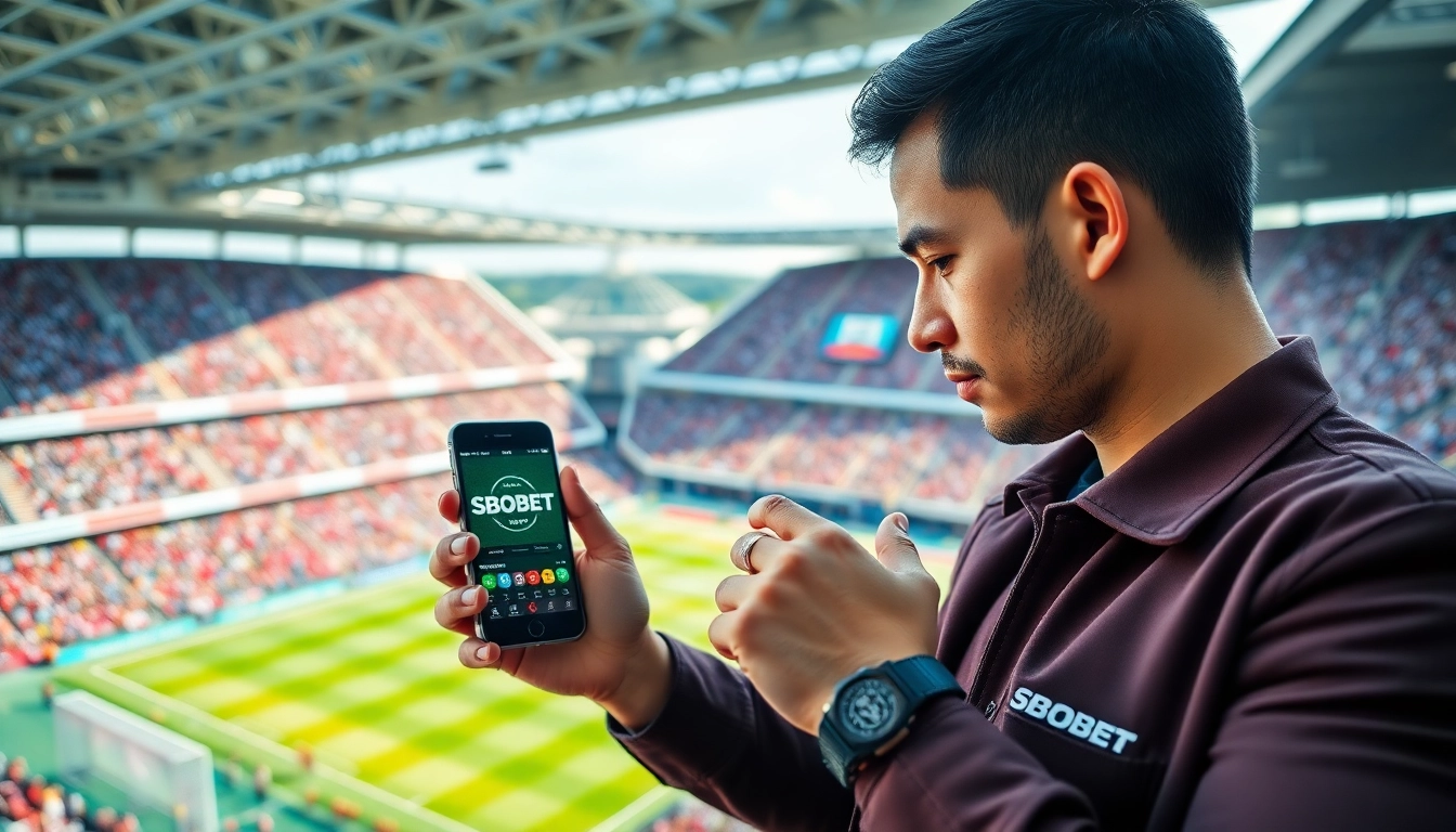 Taruhan olahraga SBOBET yang menampilkan aplikasi di smartphone dengan latar stadion ramai.