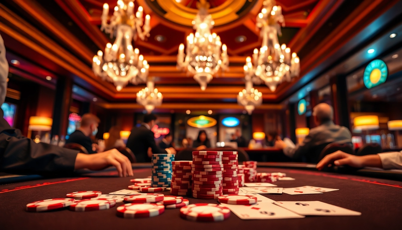 Engaging casino table setup featuring vibrant poker chips and cards during an energetic game.