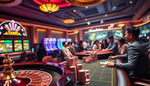 Experience the excitement of gambling at trang chủ jbo with vibrant casino visuals highlighting roulette and poker tables.