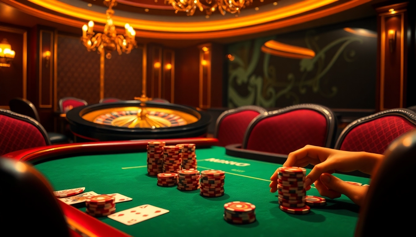 Excited gamblers at a poker table in 98win com, showcasing luxurious casino elements.