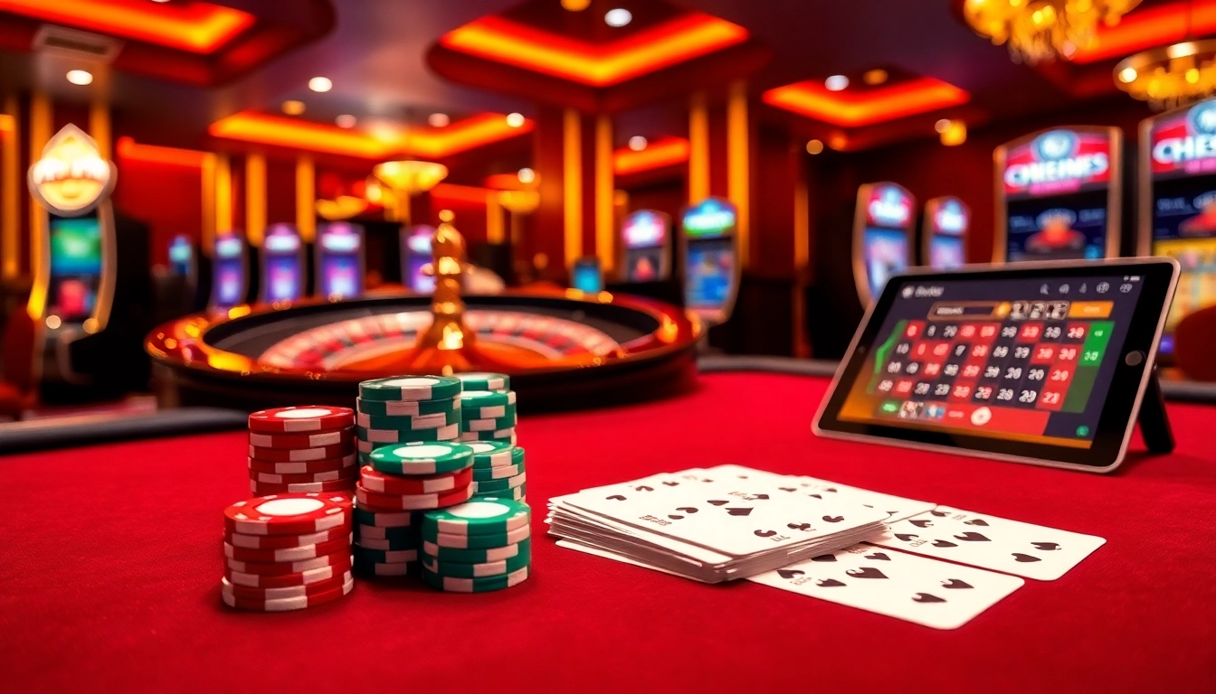 Engage in thrilling gameplay at https://mm88.vegas/ with a vibrant casino scene showcasing roulette and card games.