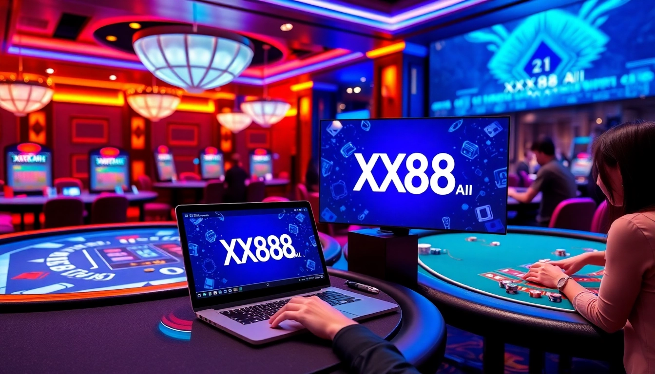 Gambling enthusiasts enjoying a stylish online casino experience at XX88.AI with vibrant games and exciting atmosphere.