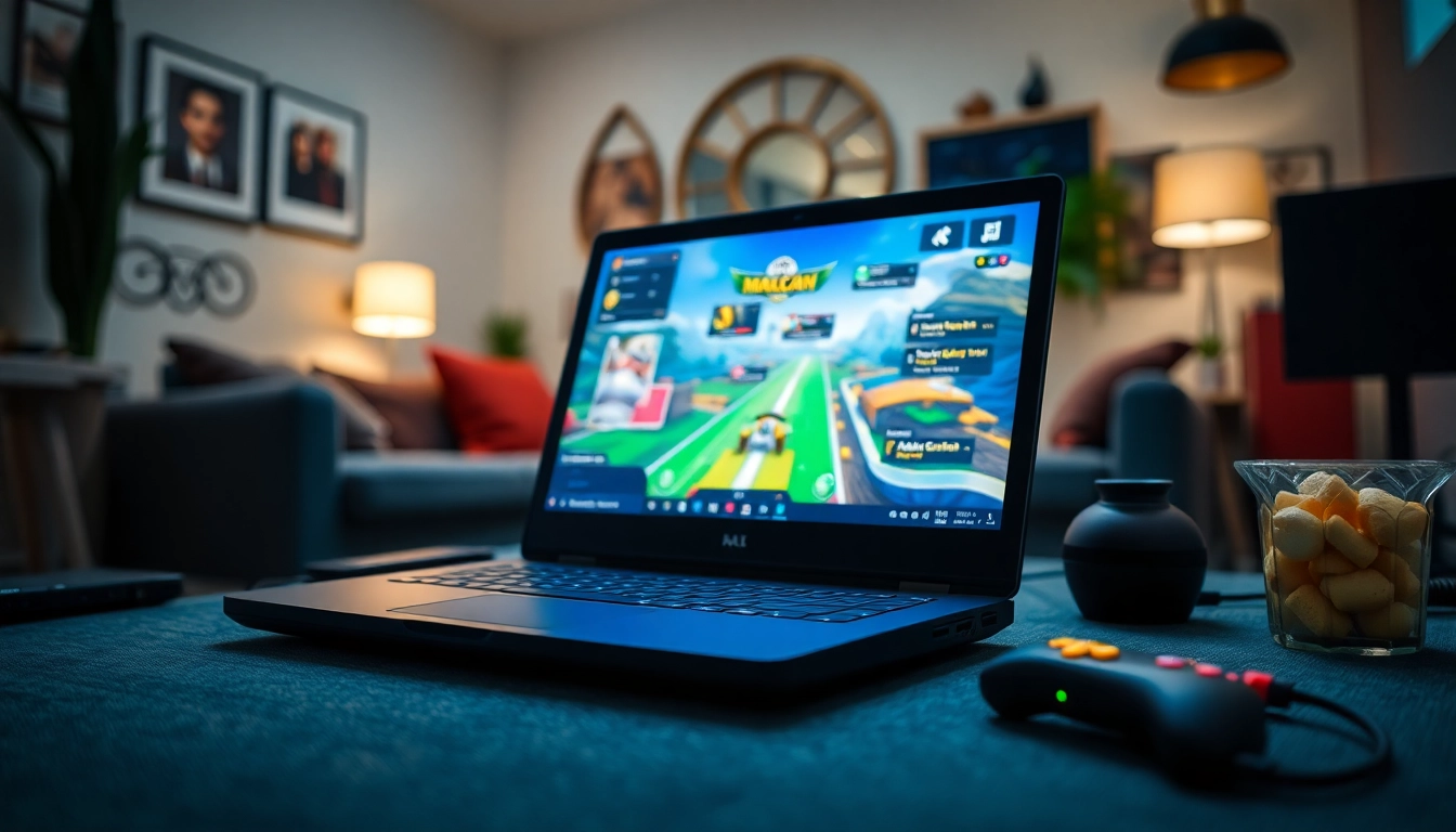 Bermain qqmacan game dengan antusias di laptop modern di ruang gaming yang nyaman.