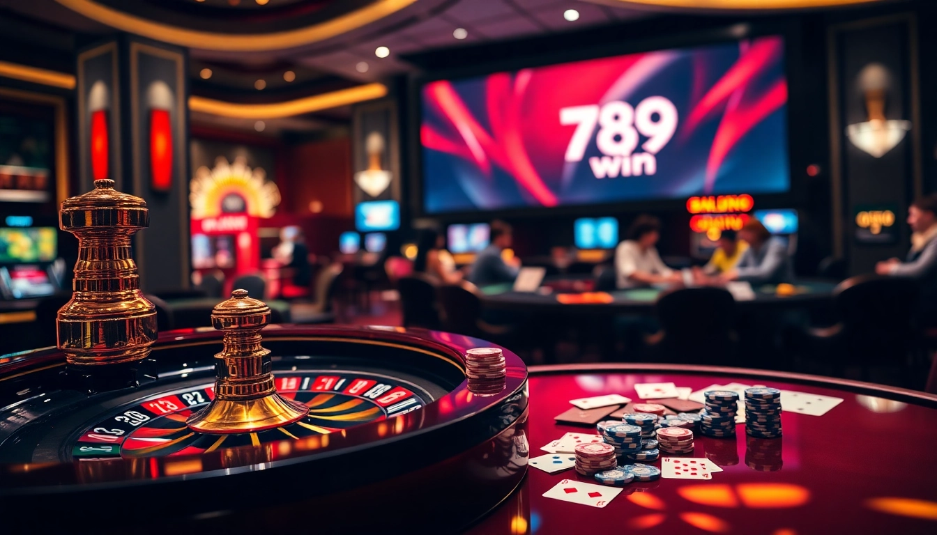 Experience the excitement of 789 win with a vibrant casino scene featuring roulette and poker action.