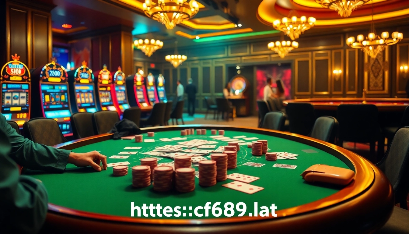 Experience thrilling poker action at https://cf789.lat with colorful chips and cards in a lively casino.