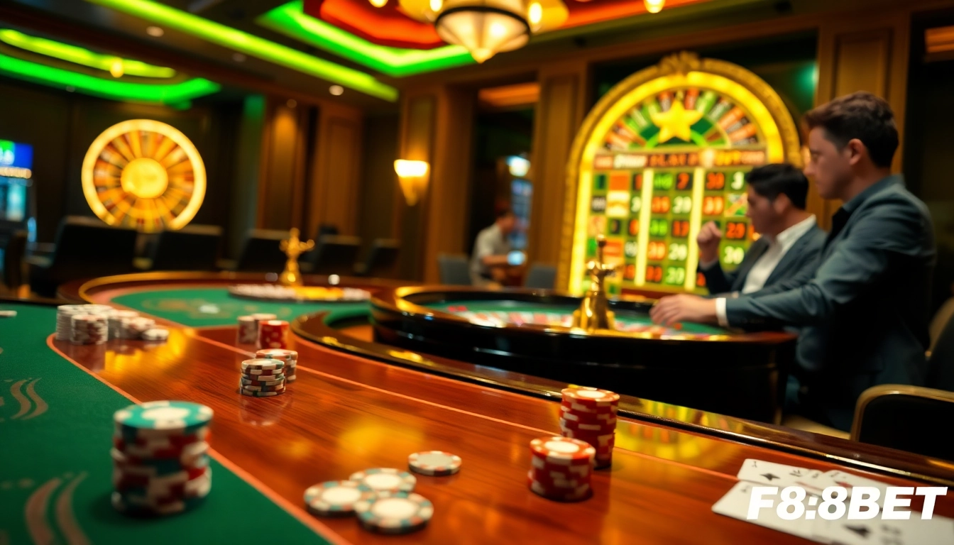 Experience excitement and luxury at F88BET with gaming tables, cards, and chips in action.