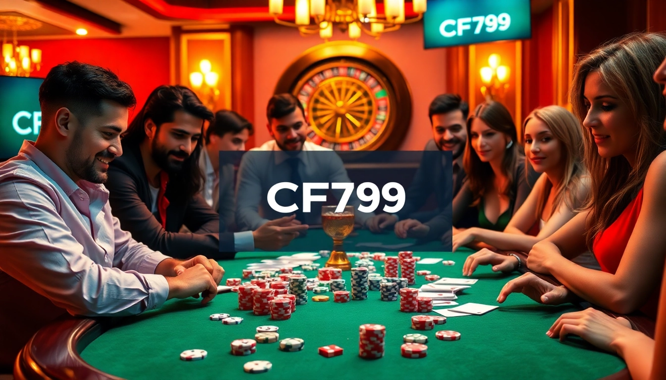 Gamblers at a CF789 casino table excitedly engage in high-stakes poker and roulette.