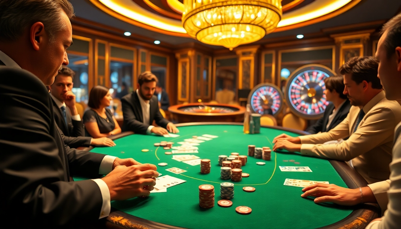 Intense poker action featuring 5Z7779 chips amid a luxurious casino setting