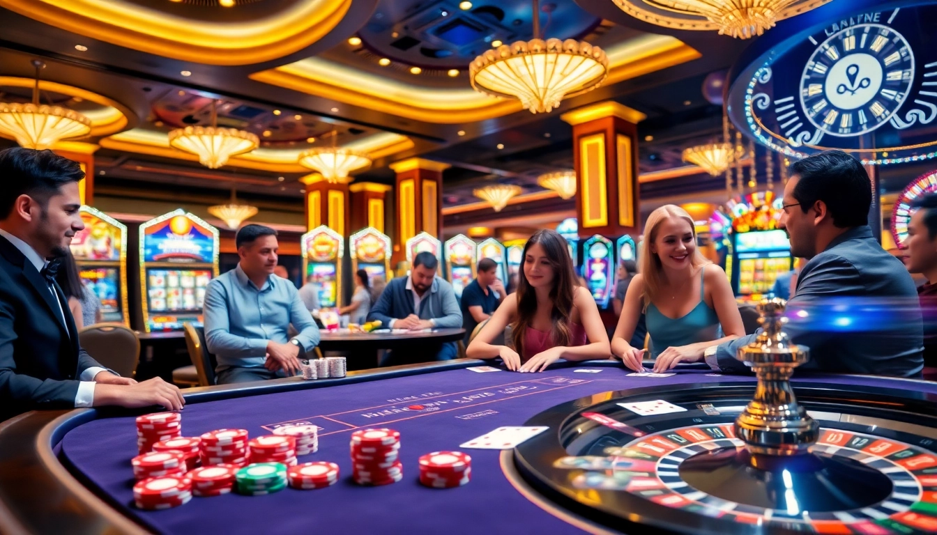 Engaging players at KJC casino with colorful chips and slot machines create excitement.