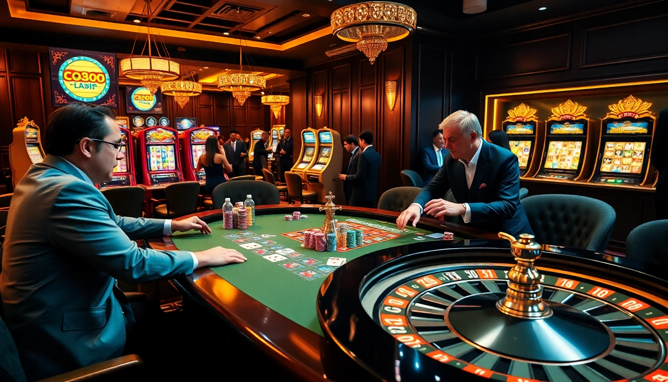 Experience the thrilling atmosphere of QQ888 with vibrant poker tables and colorful slot machines.