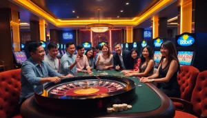 Exciting gambling moment at 88bet casino table with players and poker chips.