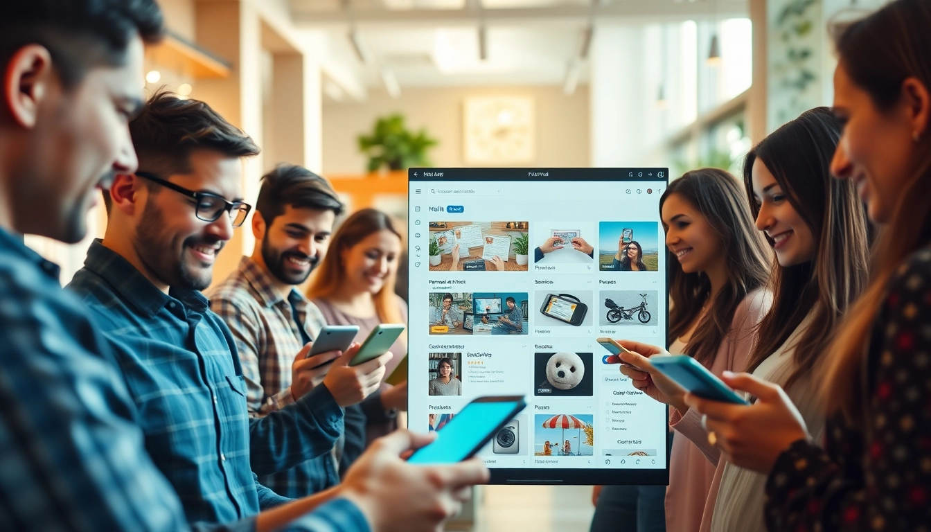 Interactive scene of users engaging with Hela Add classified ads in a vibrant online marketplace.