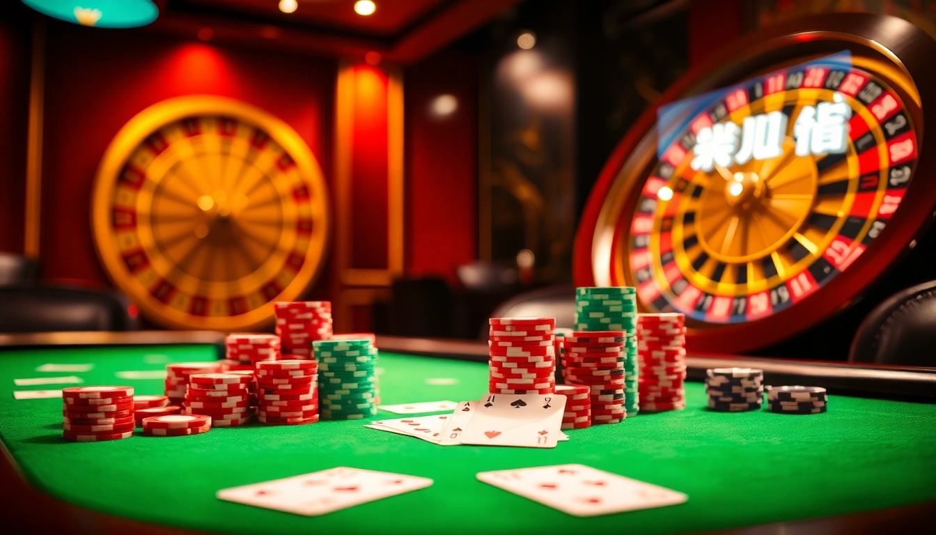 An engaging casino scene featuring a poker table with colorful chips and playing cards, highlighting 주소모음 for user-friendly gambling access.