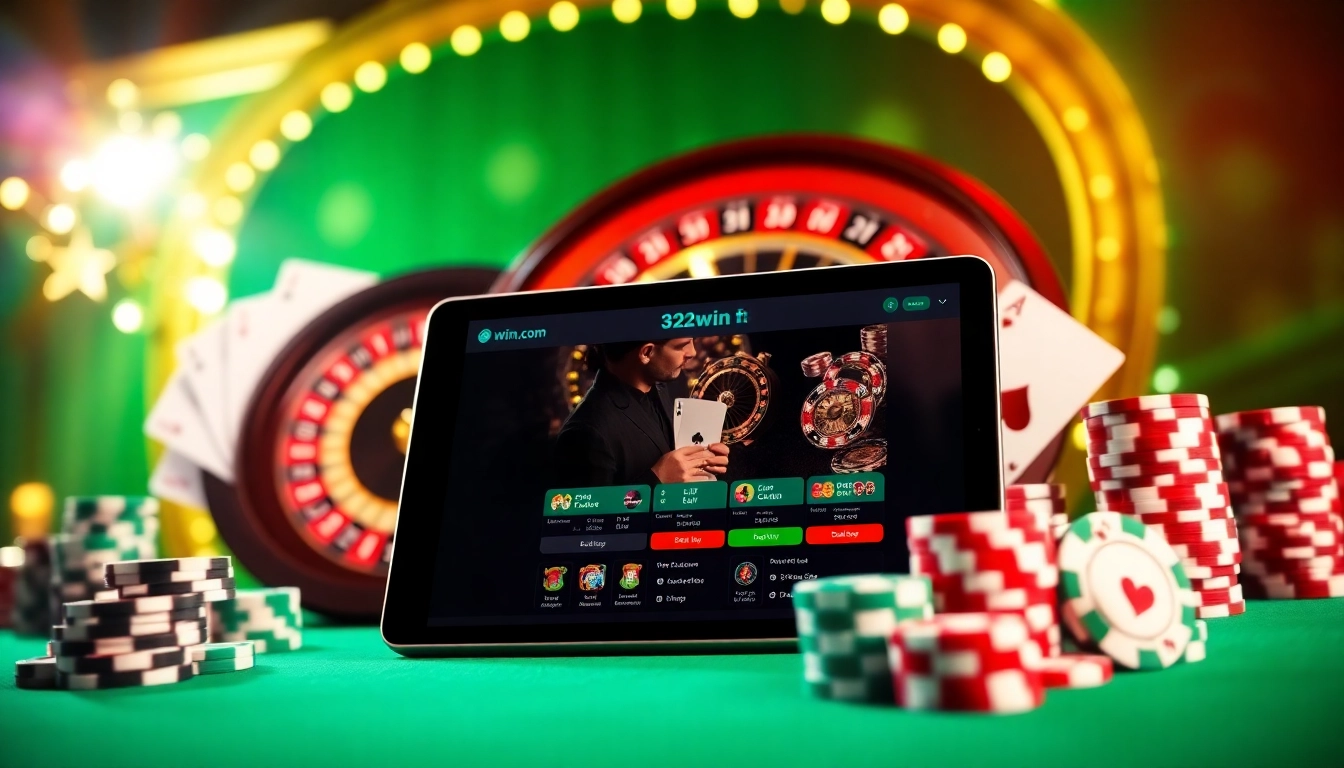 Engaging online gambling scene featuring 32win com with cards, roulette, and digital devices.