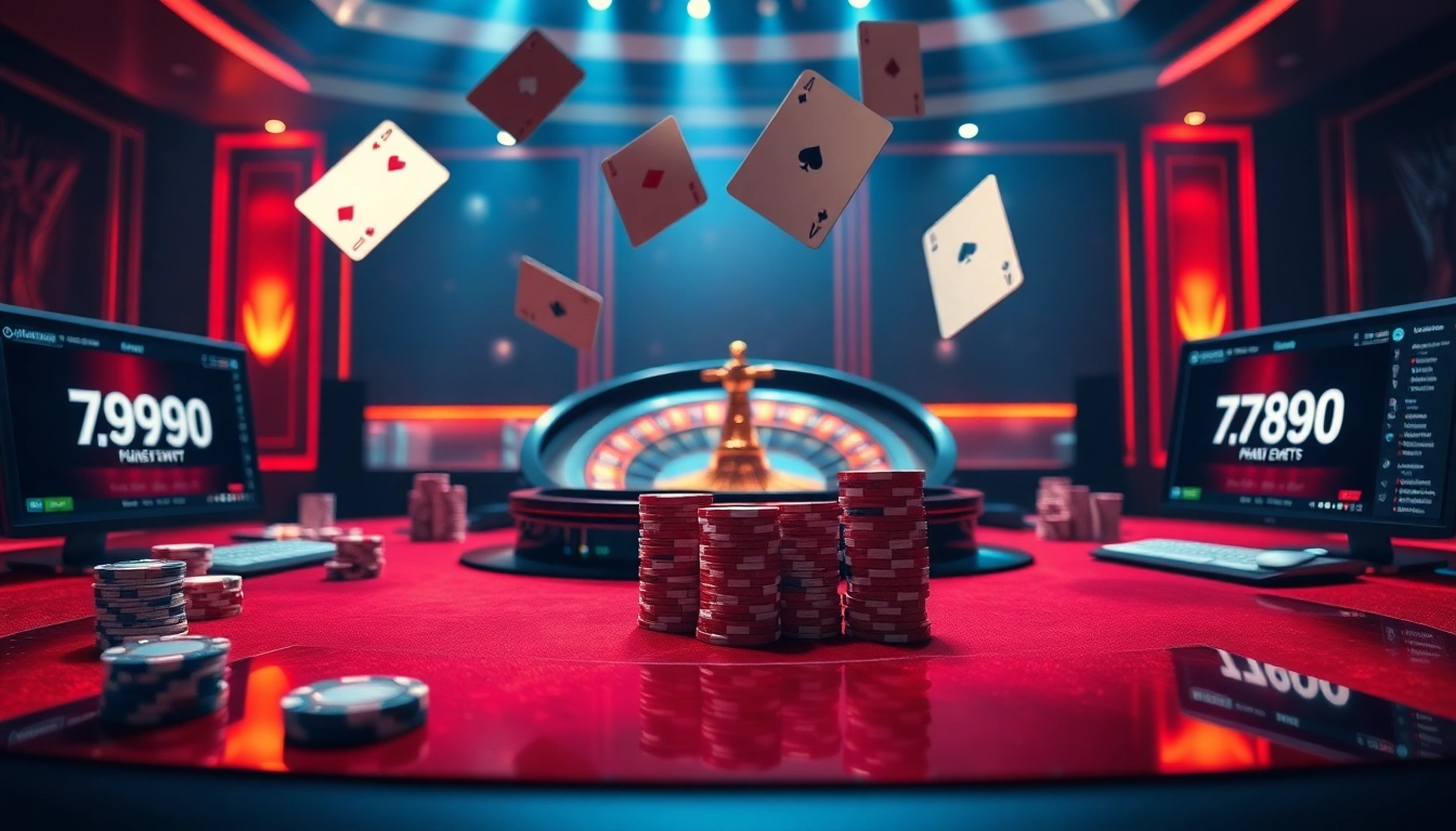 Exciting scene of online gambling at 789betevents featuring luxurious casino tables and poker chips.