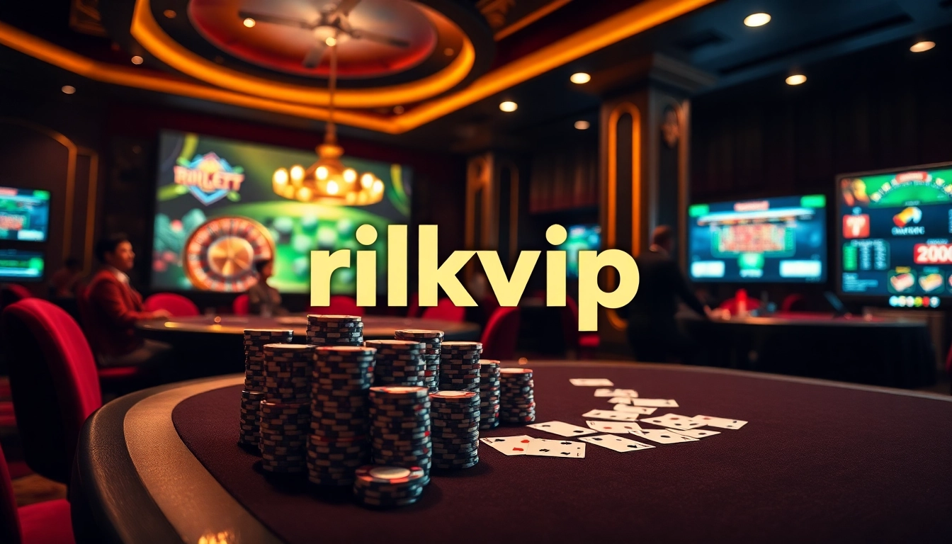 Engaging players at a rikvip poker table with vibrant chips and cards in a luxurious casino.