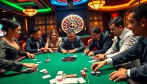 Mu88 poker scene featuring engaged players, vibrant cards, and colorful chips in an exciting casino atmosphere.