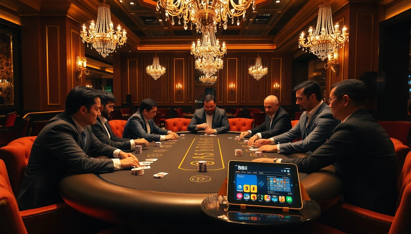 Engaged players at a spirited poker game with 88i app on display, showcasing excitement and luxury.