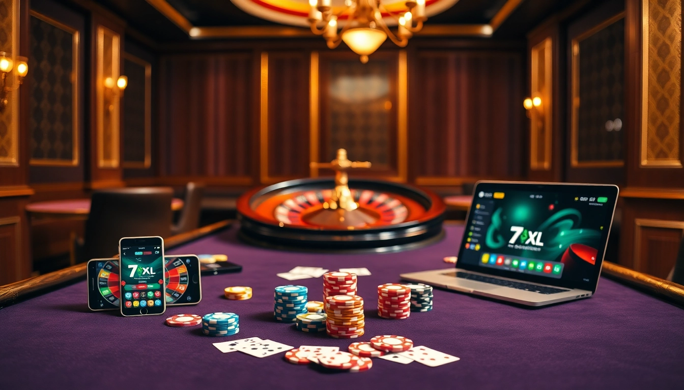 התרגשו מניצחון ב-7xl בסצנת קזינו תוססת עם שולחנות פוקר ומסכים.