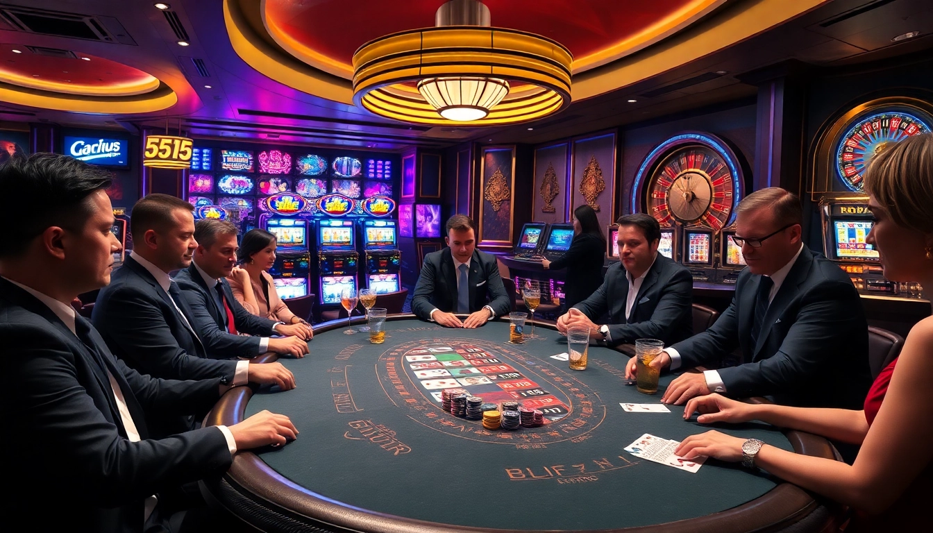 Experience the thrill of 555 win at a luxurious casino with vibrant slot machines and poker games.