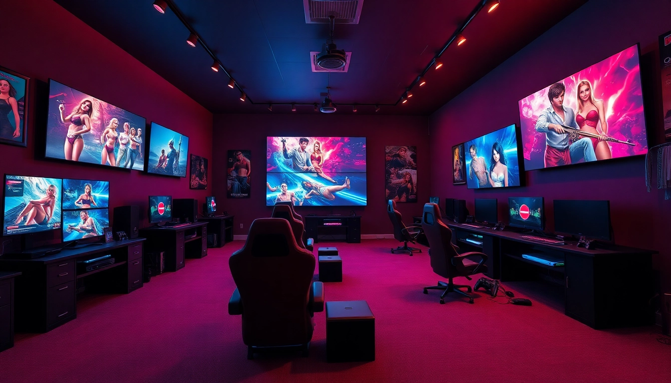 Dynamic gaming room showcasing popular porn games on vibrant screens.