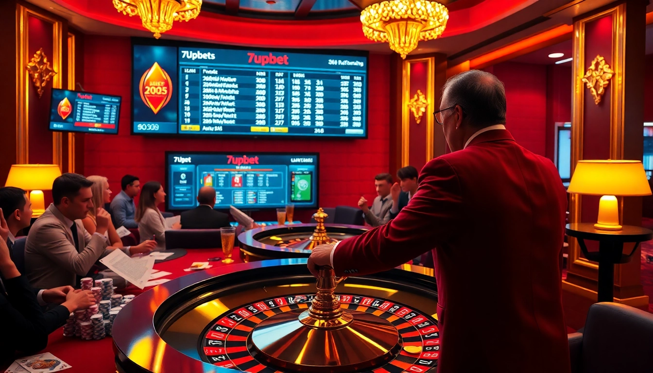 Gamblers enjoying a thrilling game at the 7upbet roulette table in a luxurious casino setting.