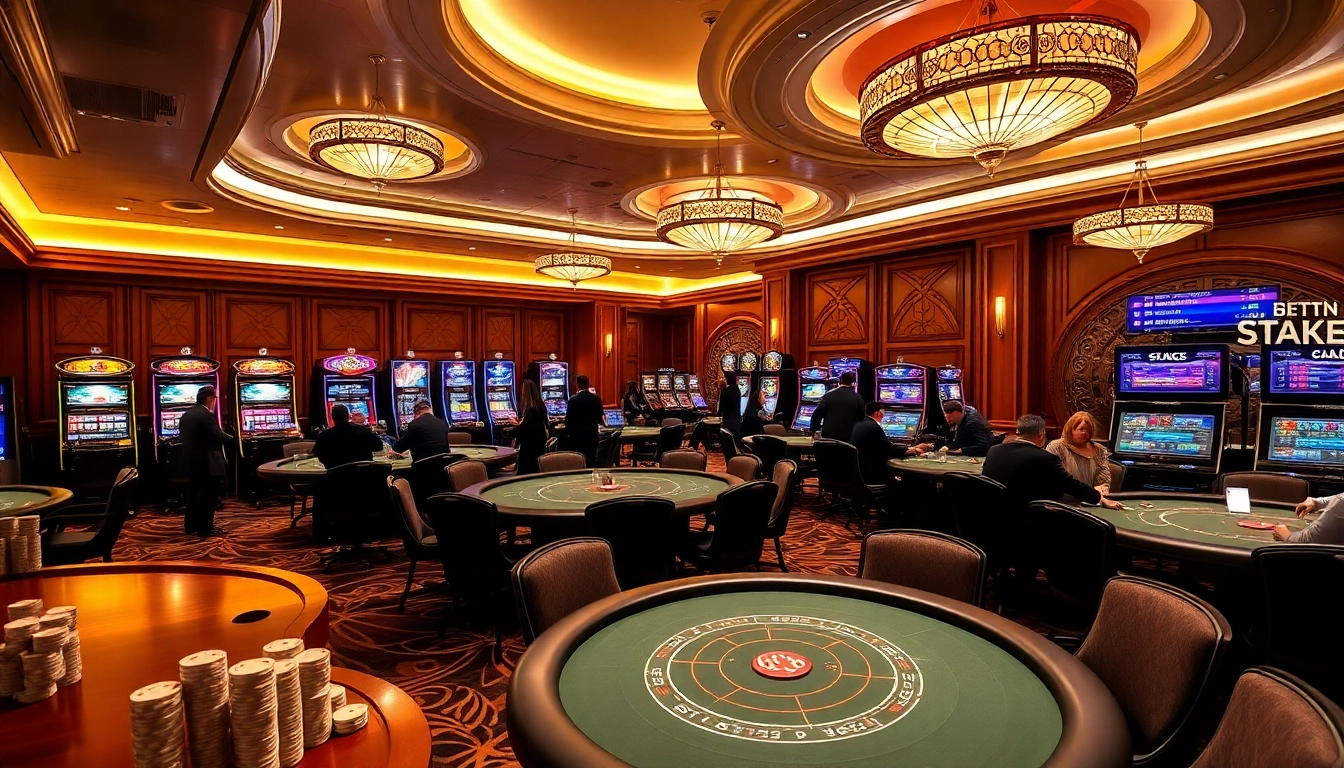 משחק מרגש ב-Stake Casino עם מכונות מזל צבעוניות ושולחנות הימור גבוהים.