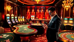 Experience the excitement of onicplay login at a luxurious casino featuring poker tables and slot machines.
