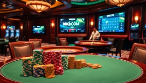 Experience the excitement of MK8.COM with vibrant poker chips and a roulette wheel in a luxury casino atmosphere.