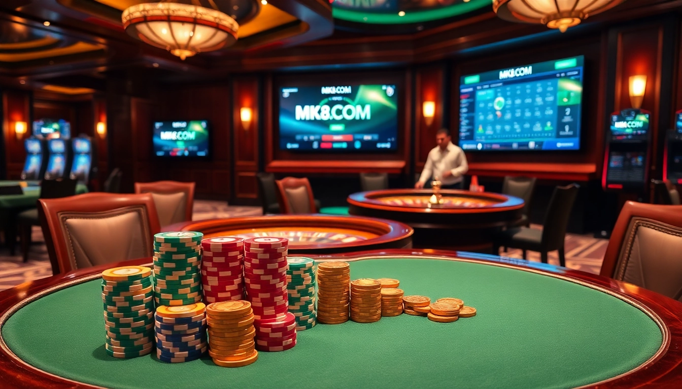 Experience the excitement of MK8.COM with vibrant poker chips and a roulette wheel in a luxury casino atmosphere.