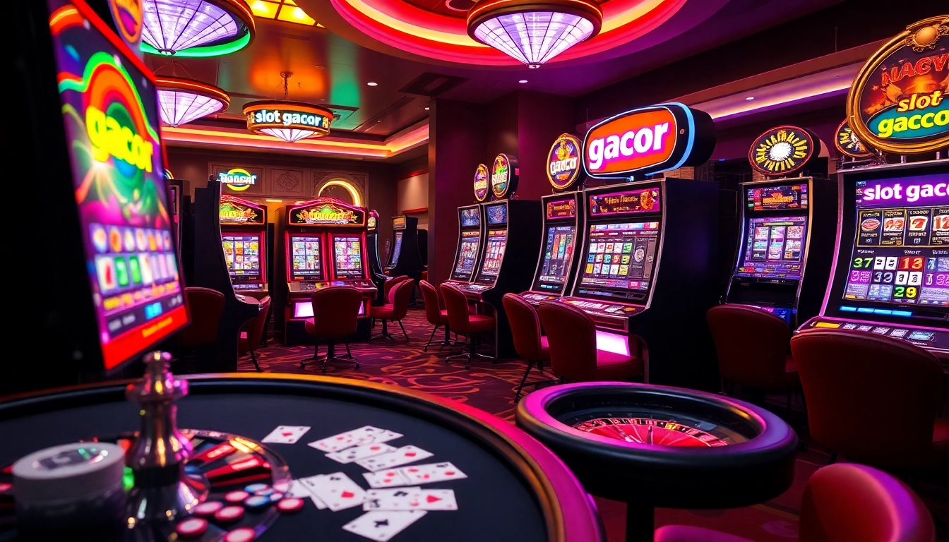 Engaging slot gacor machines in a luxurious casino environment with vibrant lights and poker games.