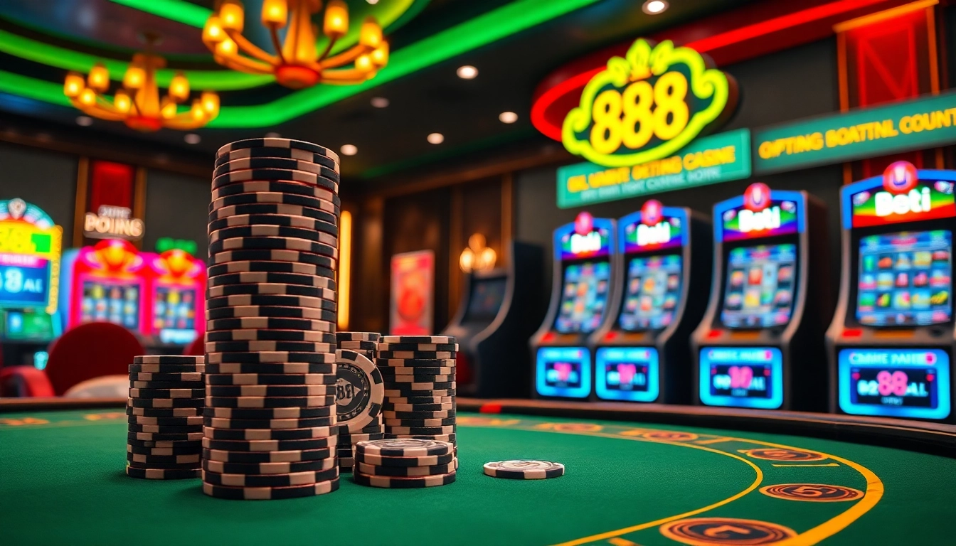 Engaging players at the 88i poker table, surrounded by vibrant slot machines and a sleek betting interface.