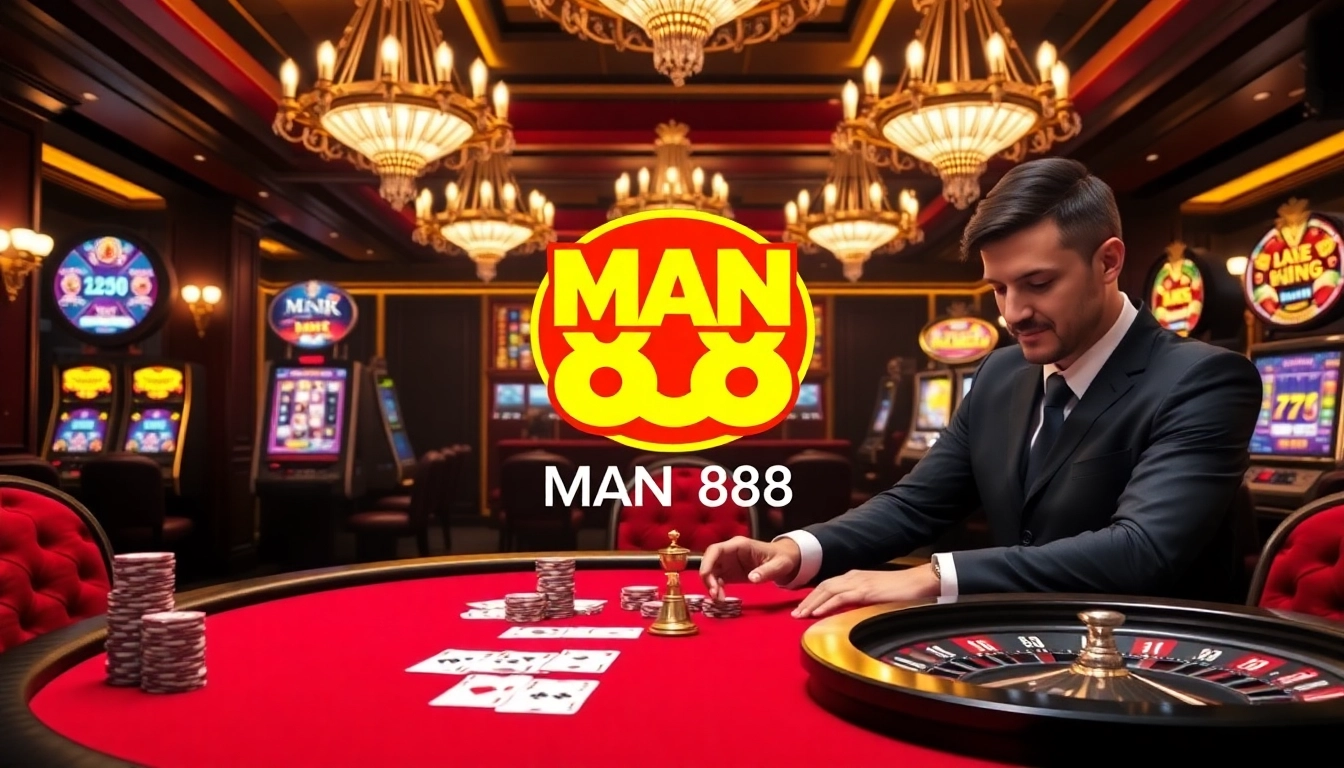 Experience the thrill of Man 88 with vibrant casino visuals of poker and roulette tables.