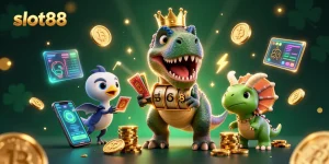 Permainan slot88 dengan T-Rex ramah, pterodactyl, dan triceratops menumpuk chip emas.