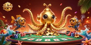 Baccarat gameplay illustration with a golden kraken submarine and a dynamic poker scene featuring colorful chips.