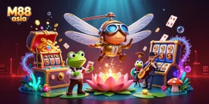 Experience thrilling gameplay at M88 asia with our vibrant casino scene featuring animated characters.