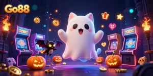 Experience Go88 at a haunted casino with ghostly fun, vibrant arcade machines, and glowing poker elements.