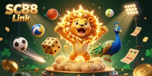 Engage with SC88 Link in a vibrant 3D casino scene featuring sports elements and dynamic gambling excitement.